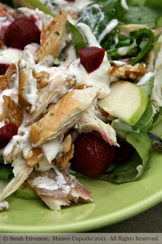 Mackerel salad recipe with beetroot, apple and walnut