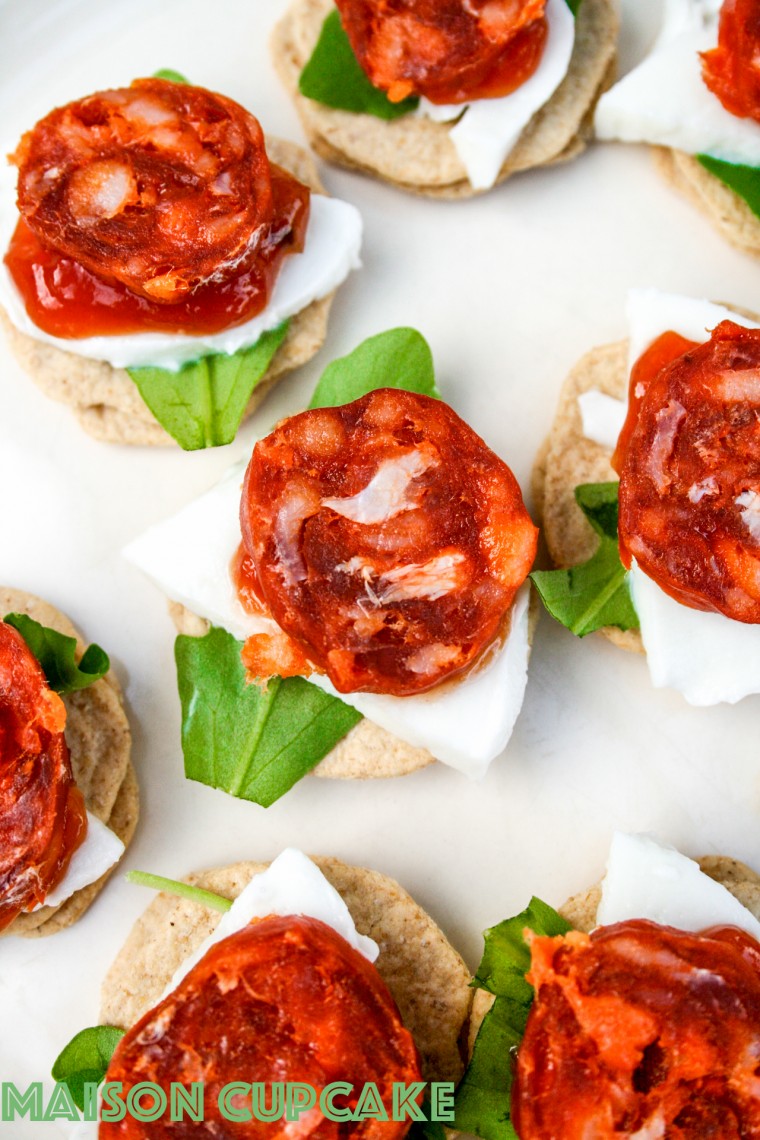 Easy chorizo canapes recipe with mini oatcakes, mozzarella and rocket