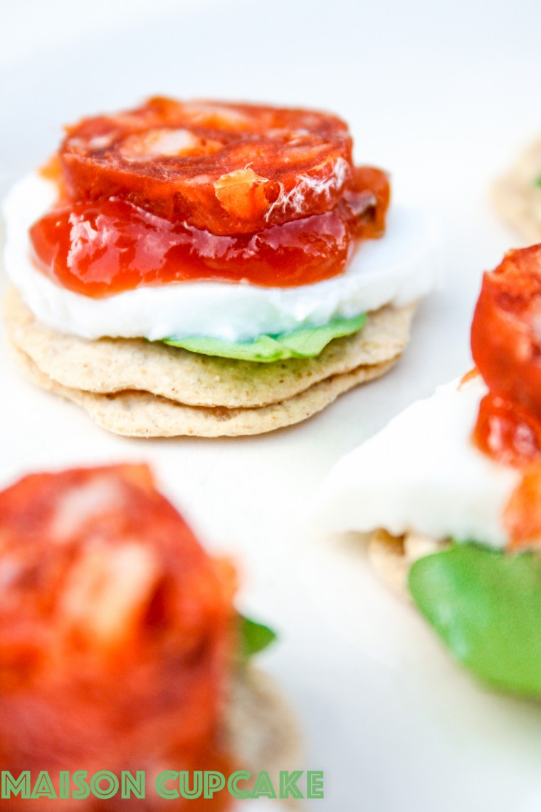 Easy chorizo canapes recipe with mini oatcakes, mozzarella and rocket