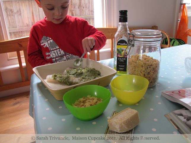 Lawrence Dallagio's Pesto Topped Fish by Sarah Trivuncic Maison Cupcake