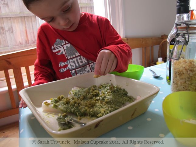 Lawrence Dallagio's Pesto Topped Fish by Sarah Trivuncic Maison Cupcake