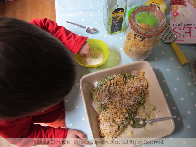 Lawrence Dallagio's Pesto Topped Fish by Sarah Trivuncic Maison Cupcake