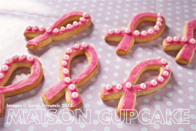 Pink Ribbon Cookies for October Breast Cancer Awareness Month by MaisonCupcake.com #cookies #sugarcraft #ribbon