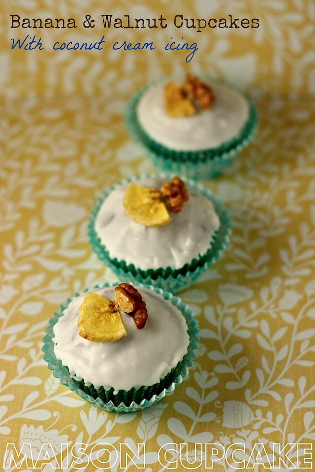 Banana and Walnut Cupcakes with Coconut Cream icing by MaisonCupcake.com #cupcakes #baking #bananas #coconut