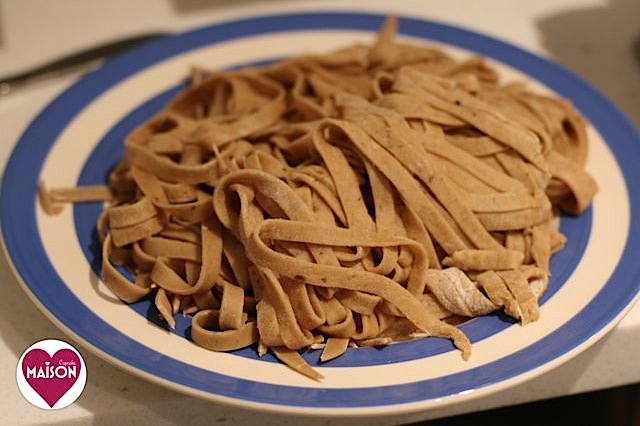 Homemade mushroom tagliatelle pasta recipe mixed in the breadmaker