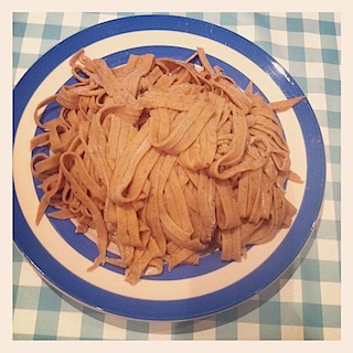 Homemade mushroom tagliatelle pasta recipe mixed in the breadmaker