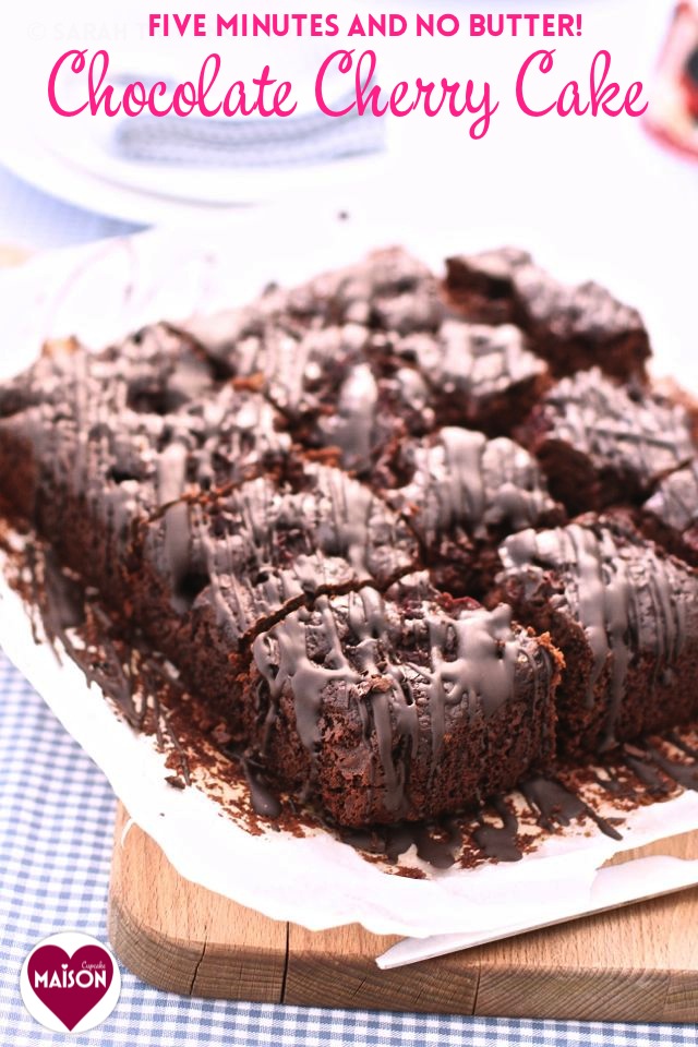 Five minute chocolate cherry cake, no butter, easy to mix, perfect for bakesales