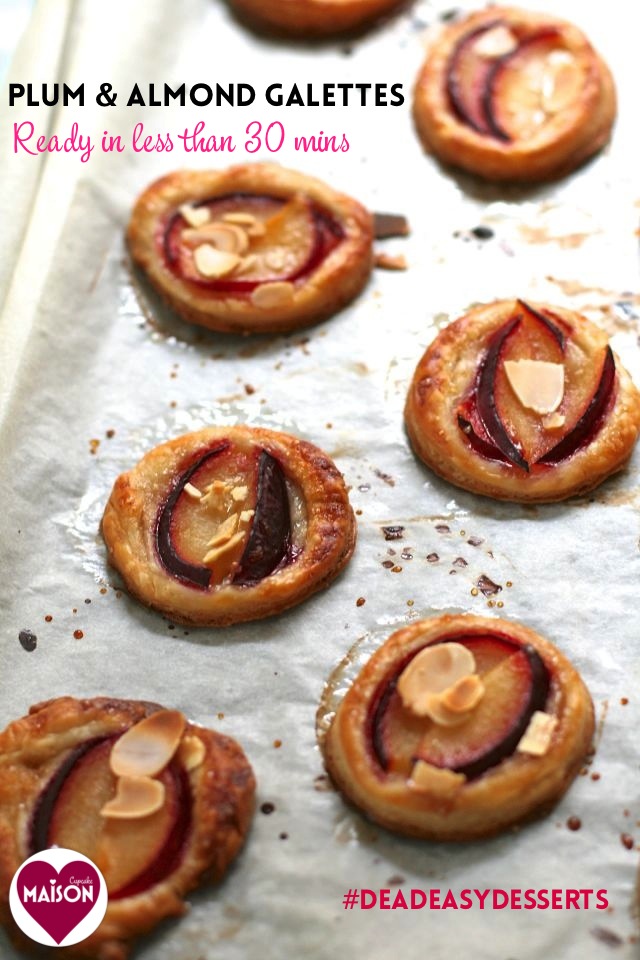Plum and almond galettes, a Dead Easy Dessert by MaisonCupcake.com using puff pastry, fresh fruit and nuts - ready in under 30 minutes #quick #easy #recipes