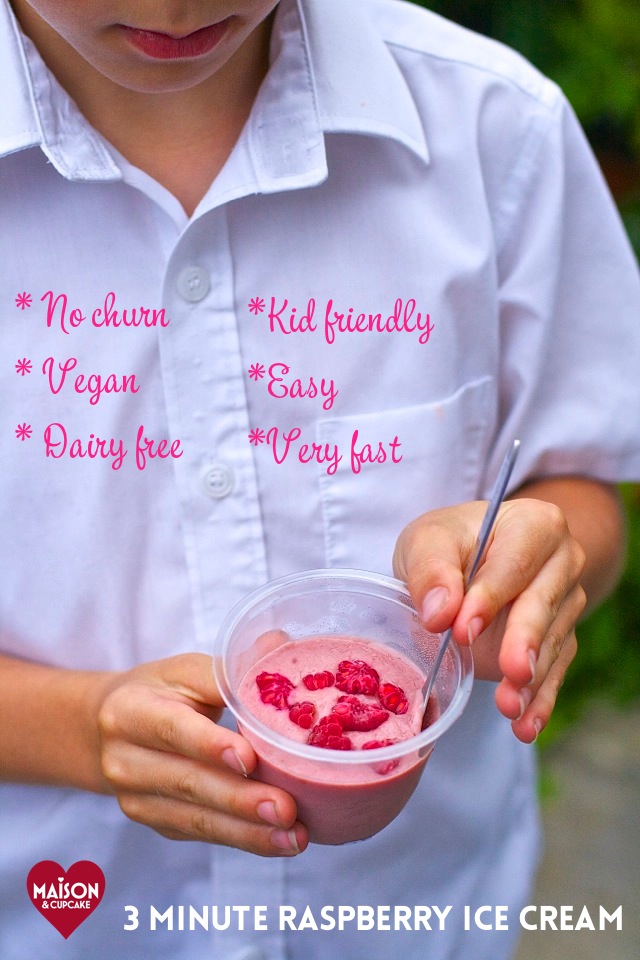 No churn vegan dairy free raspberry ice cream recipe that's kid friendly, very easy and very fast