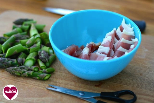 Asparagus and bacon being prepped for pasta dish at maisoncupcake.com