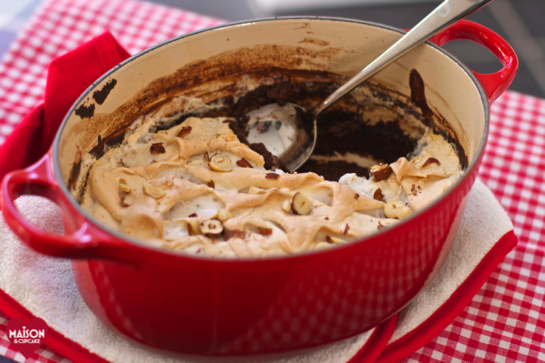 Nutella chocolate semolina pudding with hazelnut meringue