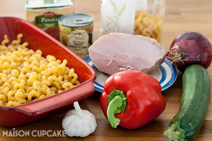 Family filling ham vegetable pasta bake 20