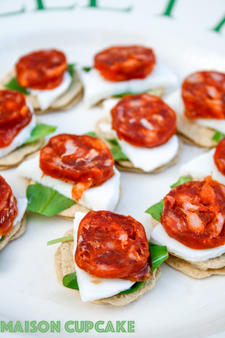 Easy chorizo canapes recipe with mini oatcakes, mozzarella and rocket