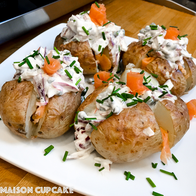 Microwaved jacket potatoes with smoked salmon via @maisoncupcake at Maisoncupcake.com