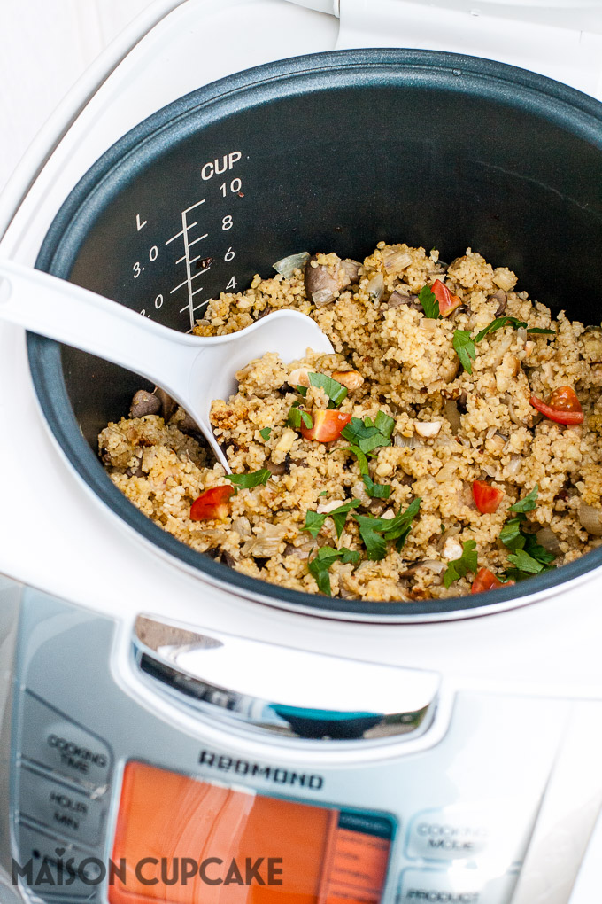 Garlic mushroom couscous in Redmond Multicooker finished recipe at Maisoncupcake.com