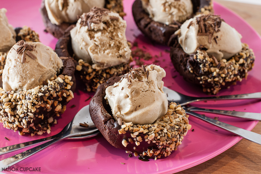 Chocolate Cookie Cups with Coffee Ice Cream Scoops