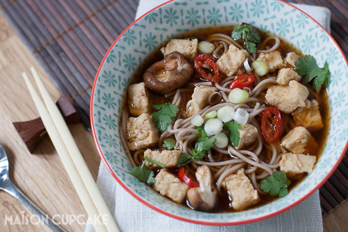 Japanese style vegetarian noodles with green tea and miso