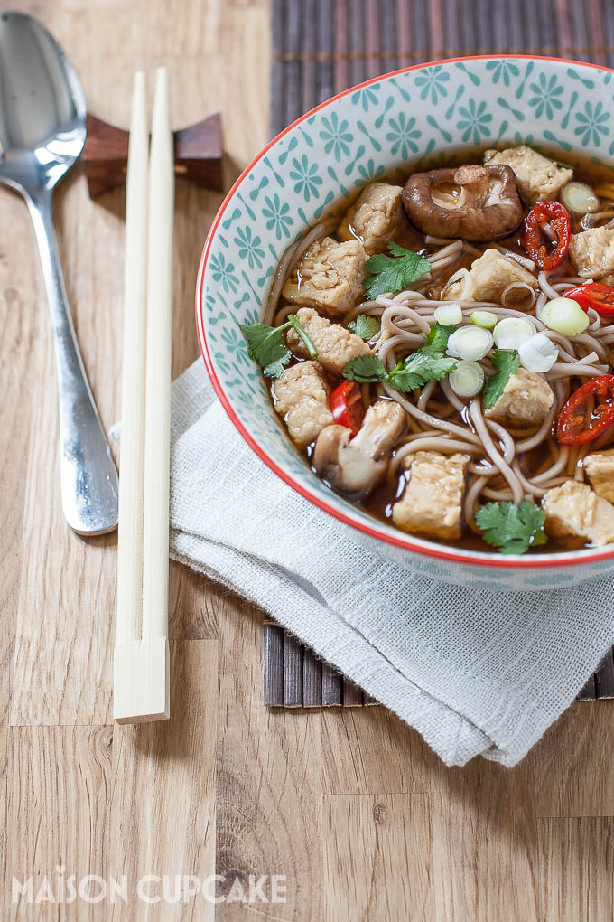 Japanese style vegetarian noodles with green tea and miso