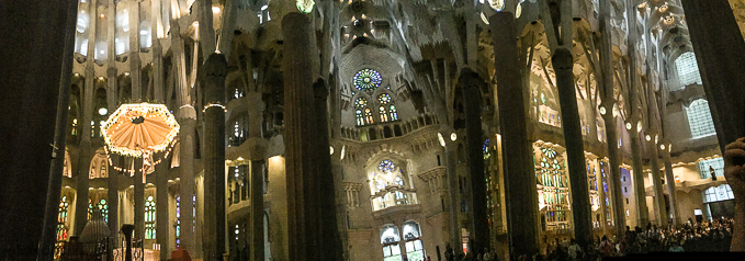 Sagrada Familia interior panorama Barcelona