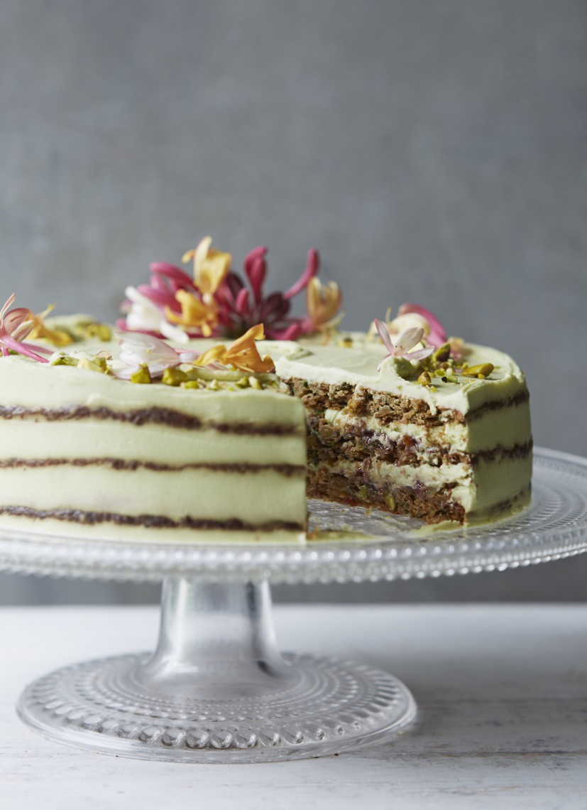 Courgette Zucchini cake with avocado lime cream, basil, lime and pistachio and raspberry jam - dairy free, gluten free and without refined sugar (picture only)