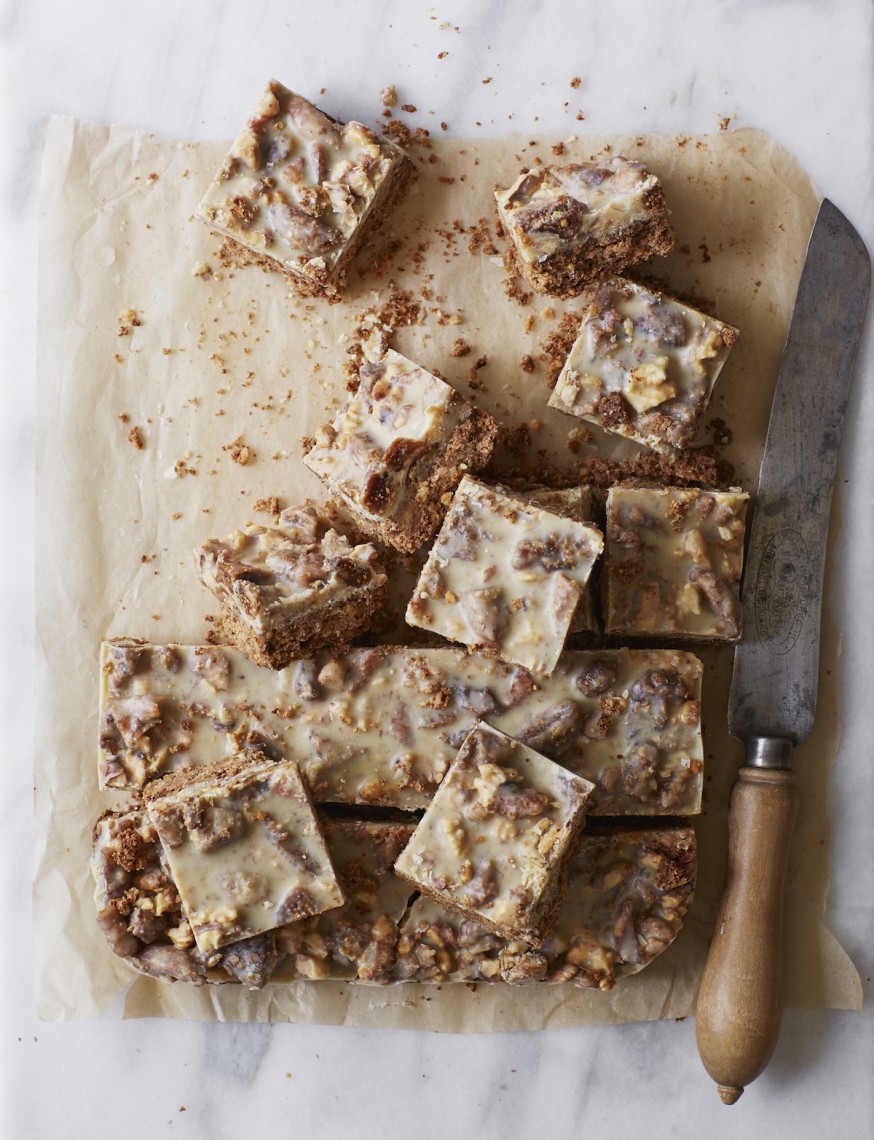 Salted tahini shortbread cookie bars with yogurt coated walnuts and figs - dairy free, gluten free and no refined sugar (Picture only)