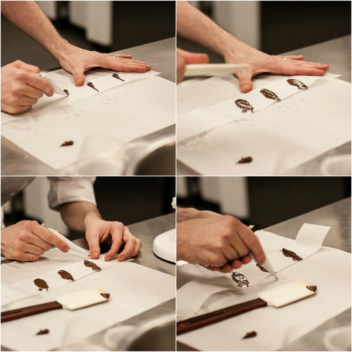 Piping chocolate feather decorations at Le Cordon Bleu London