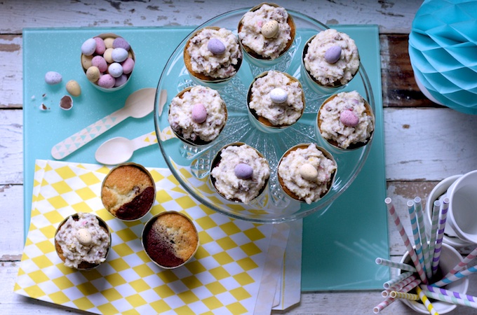 Chocolate and Vanilla Marble Cupcakes with Mini Egg Blizzard Icing