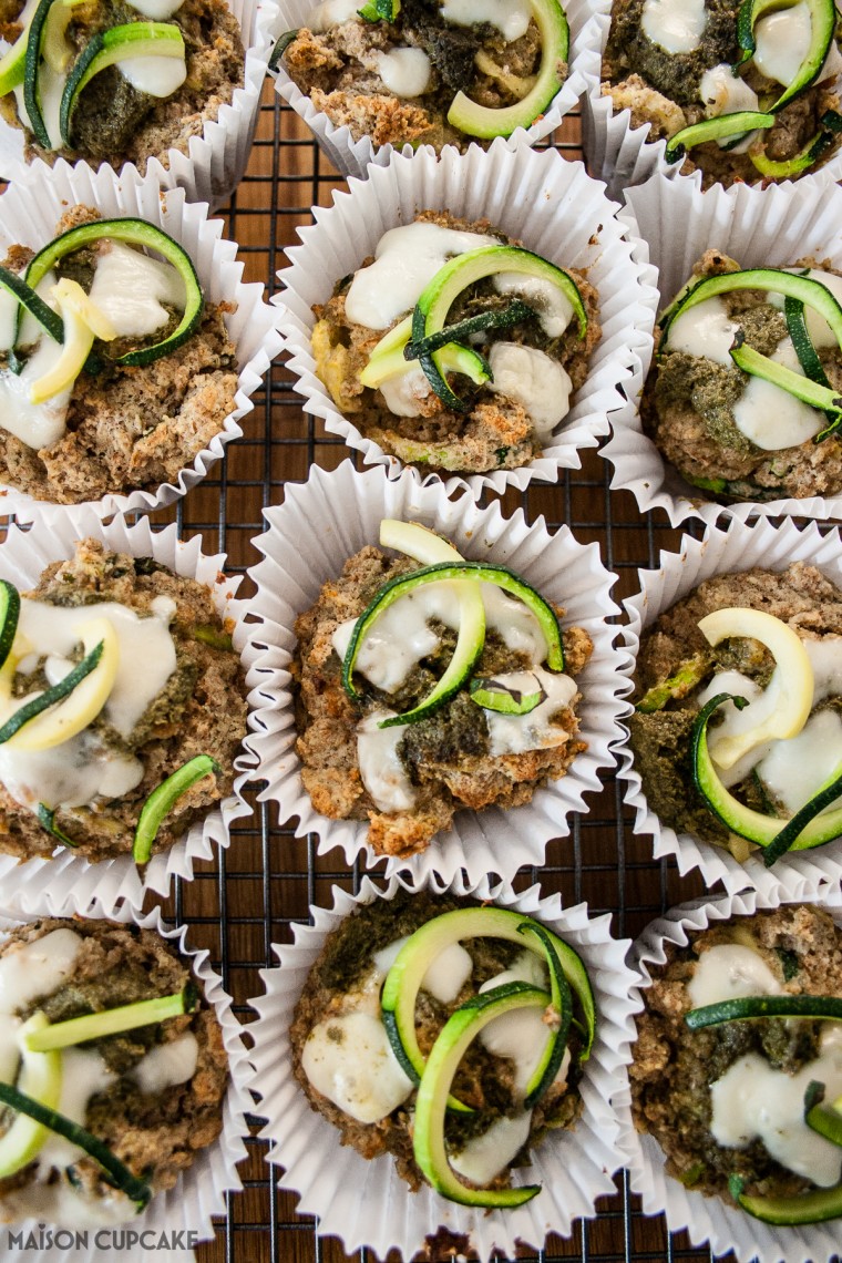 Easy to make tasty courgette muffins with herby pesto - recipe using spiralizer although you can sub with grated courgette if you don't have a spiralizer