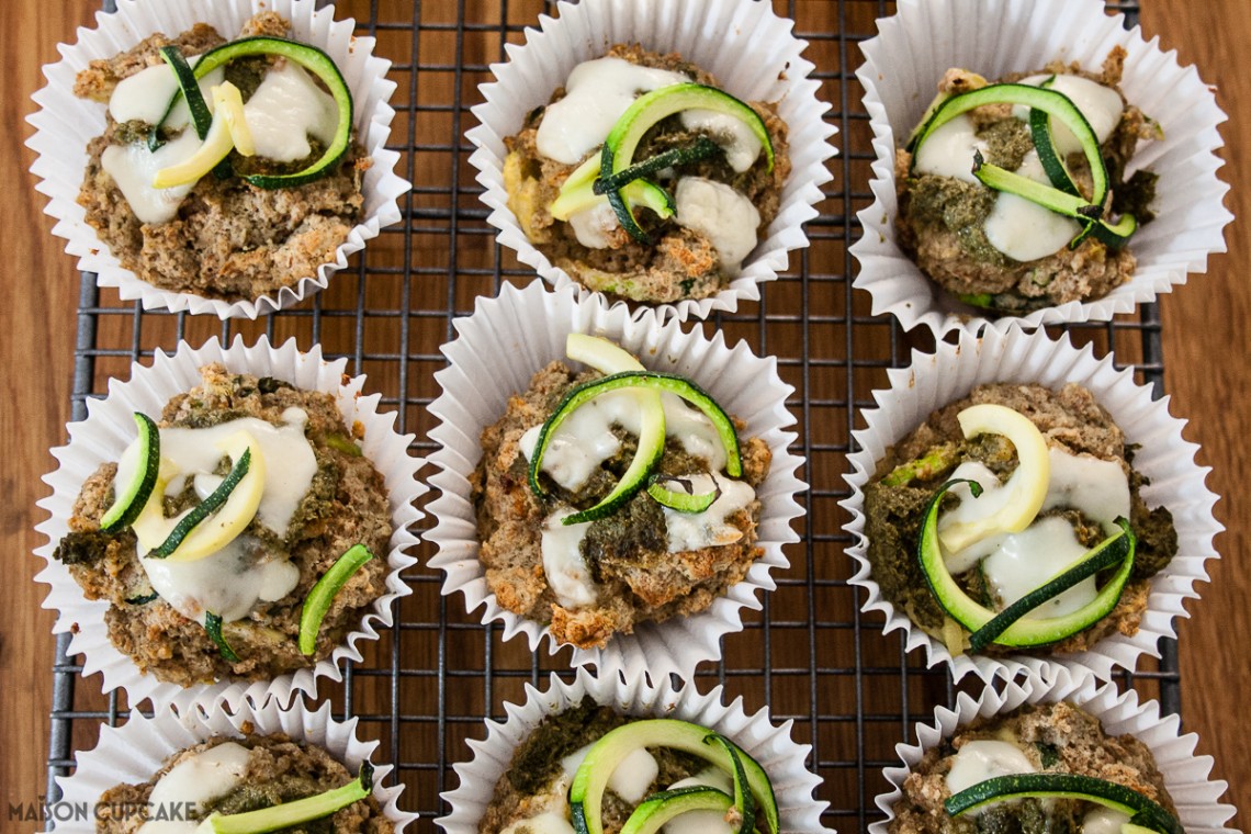 Easy to make tasty courgette muffins with herby pesto - recipe using spiralizer although you can sub with grated courgette if you don't have a spiralizer