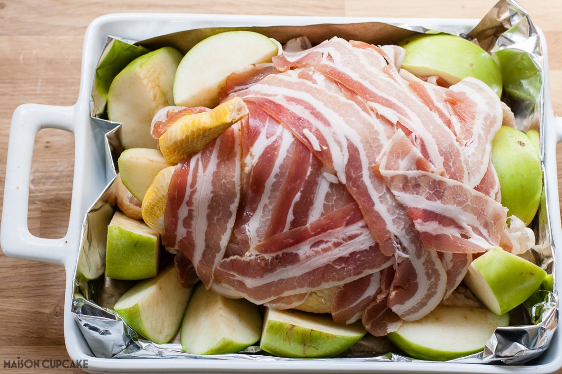 Roast chicken with pancetta and Bramley apples