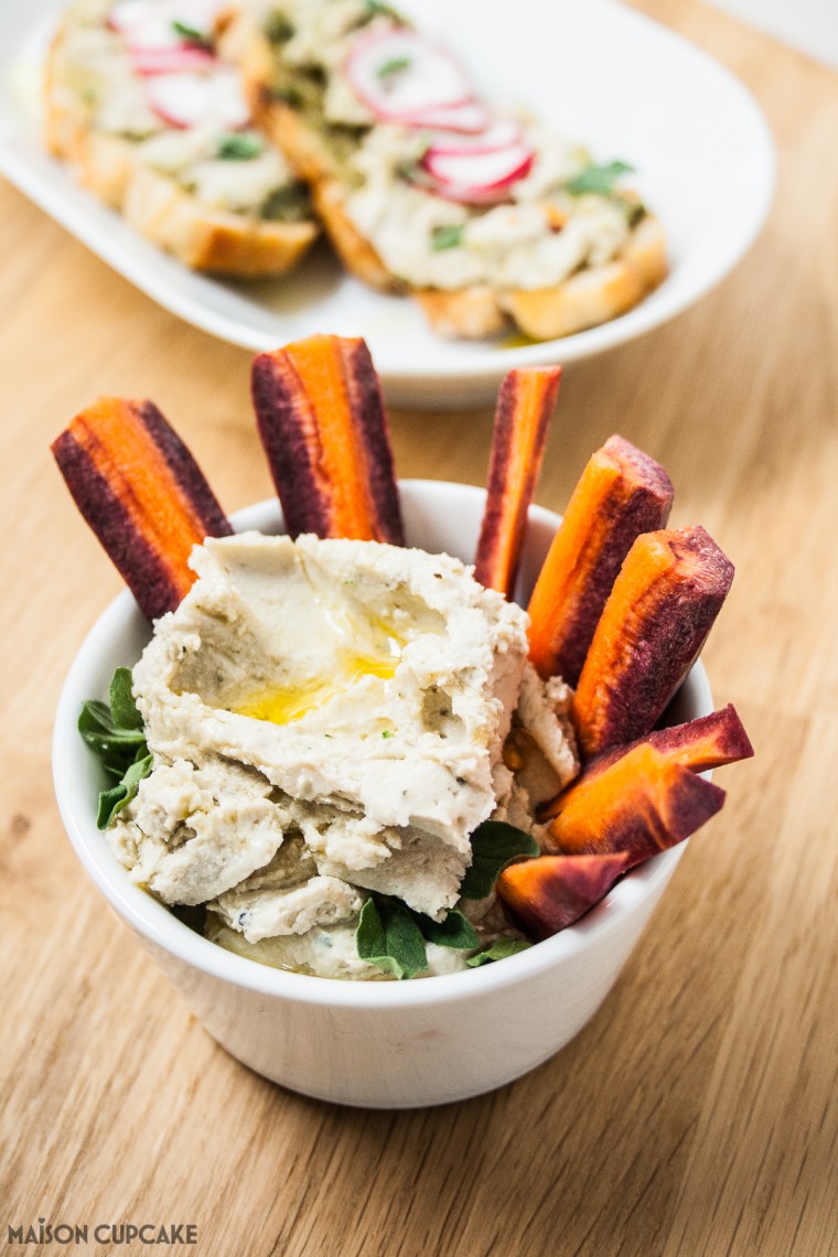White bean hummus with homemade pesto with purple carrots - easy to make with canned beans or dried pulses as a summer appetiser, vegetarian bean dip or sandwich filling