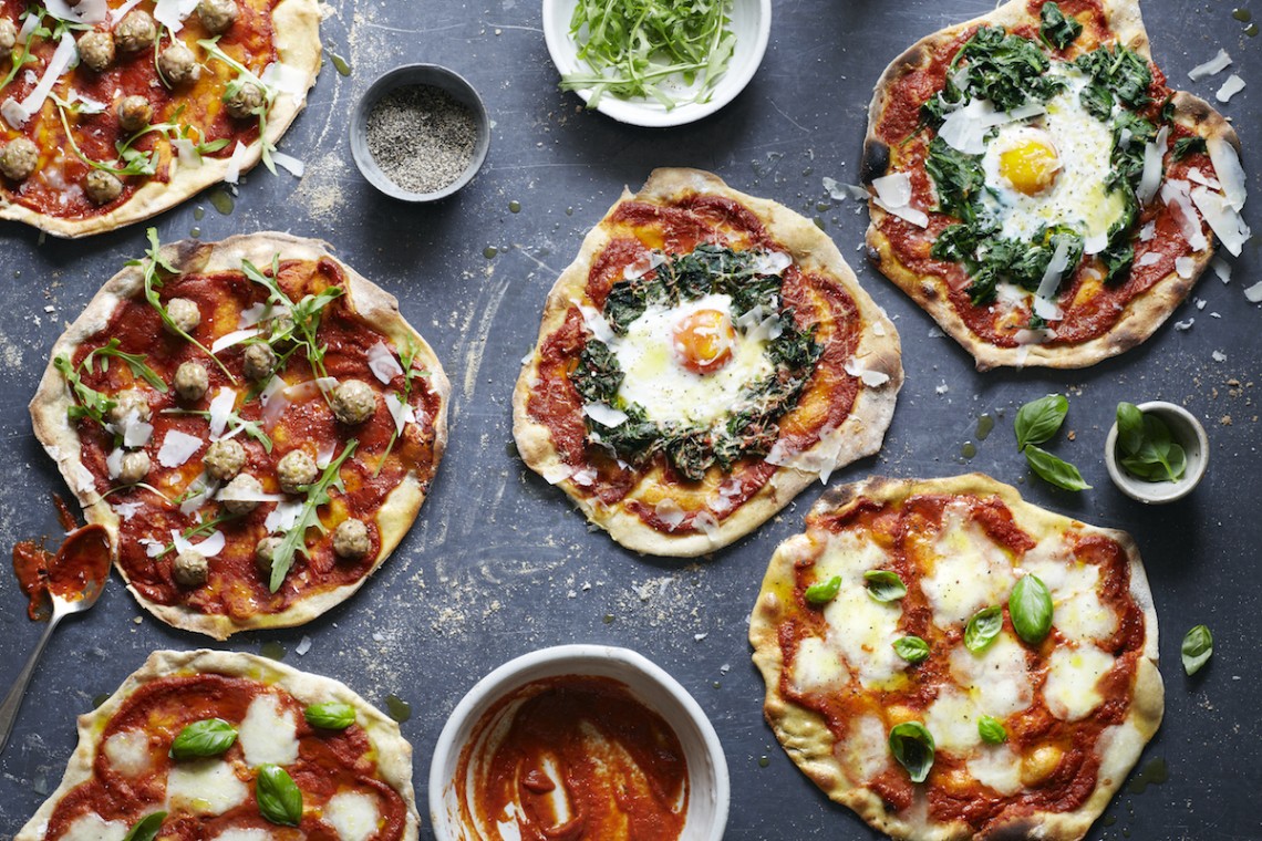 Spelt pizza dough recipe with three pizza toppings by Roger Saul of Sharpham Park