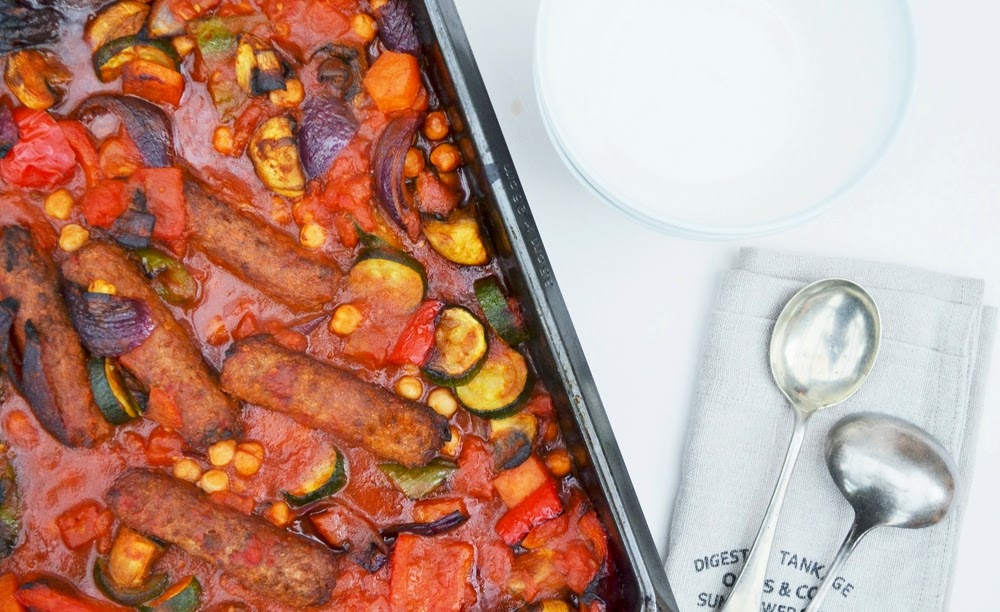 roast vegetable, veggie sausage an chickpea bake