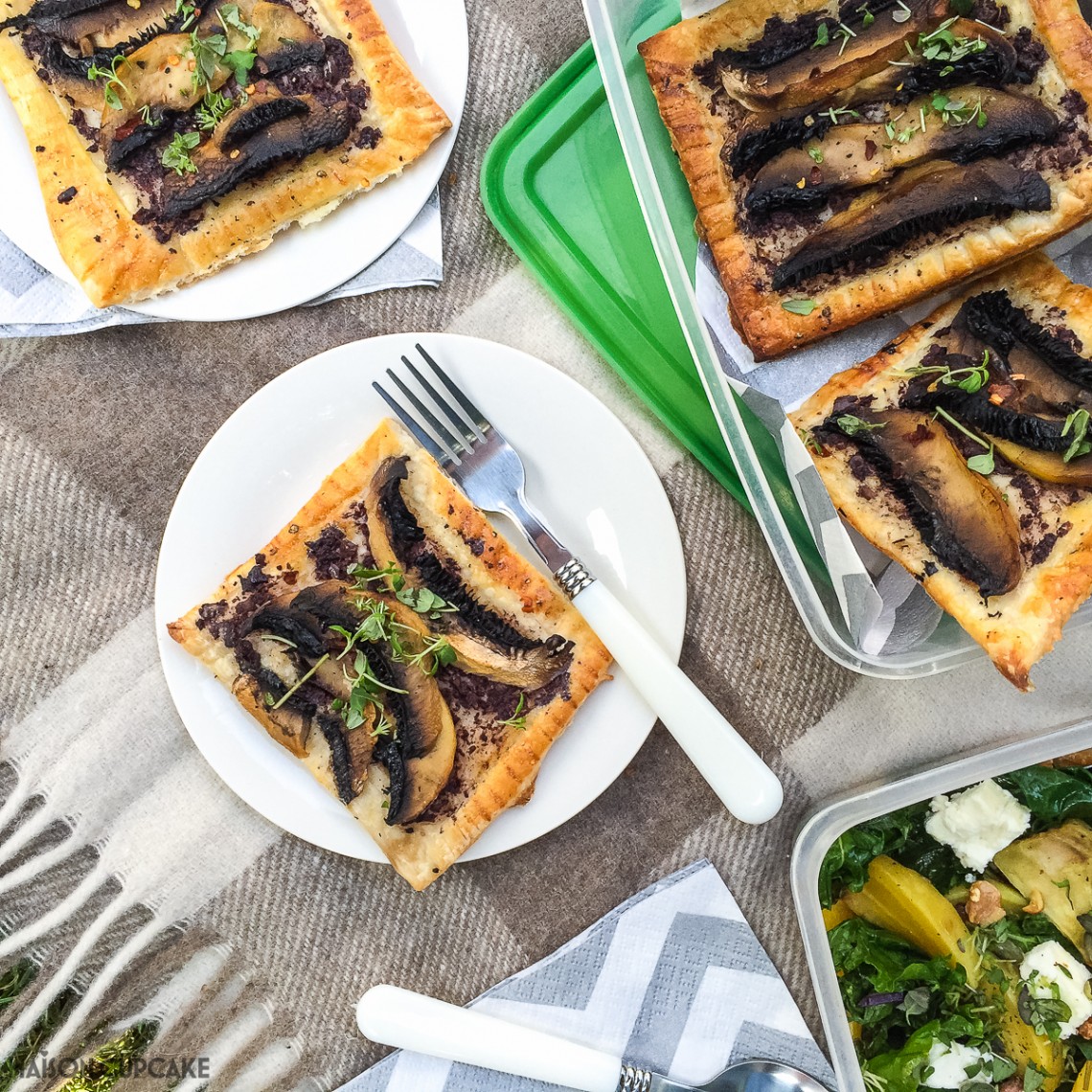 Simple but tasty portobello mushroom puff pastry tarts recipe with black olive tapenade - brilliant savoury pastry for picnics, packed lunches or light suppers