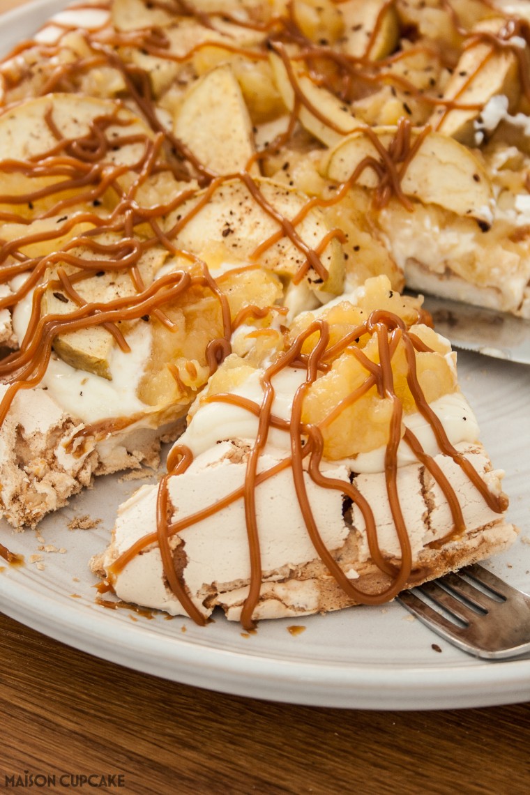 Make this sticky toffee apple pavlova dessert with dulce de leche caramel sauce drizzle - easy recipe using low fat quark cream cheese not whipped cream and Bramley cooking apples