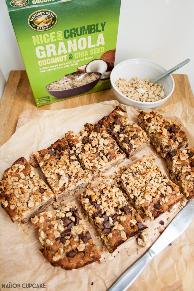 Tasty chickpea blondies with choc chips, coconut and chia granola