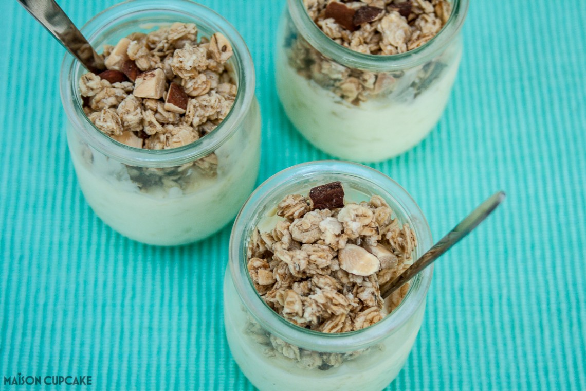 White chocolate pots with apple and granola - really easy make ahead dessert