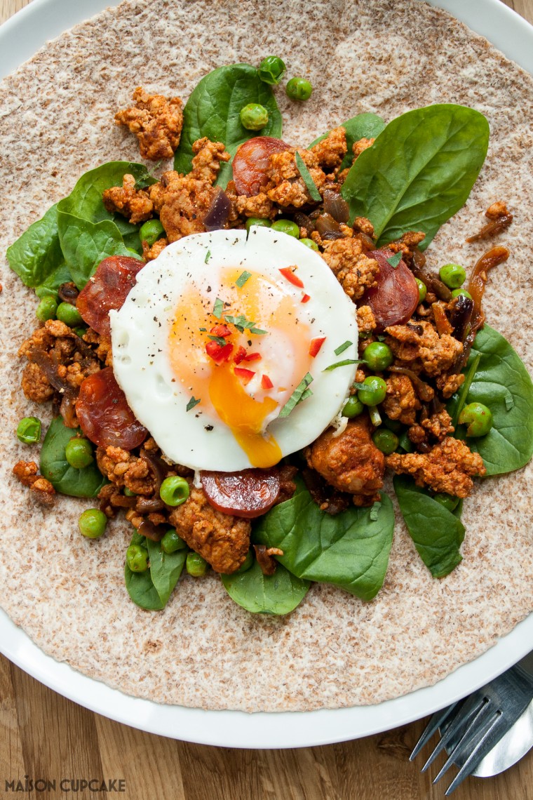 Spicy Egg Wraps with Minced Pork and Chorizo Sausage