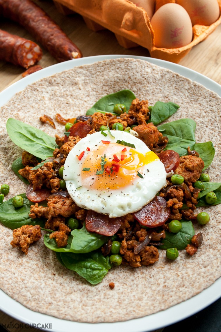 Spicy Egg Wraps with Minced Pork and Chorizo Sausage