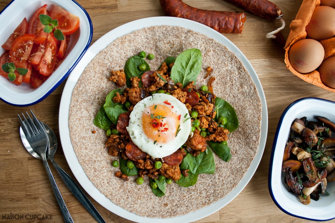 Spicy Egg Wraps with Minced Pork and Chorizo Sausage