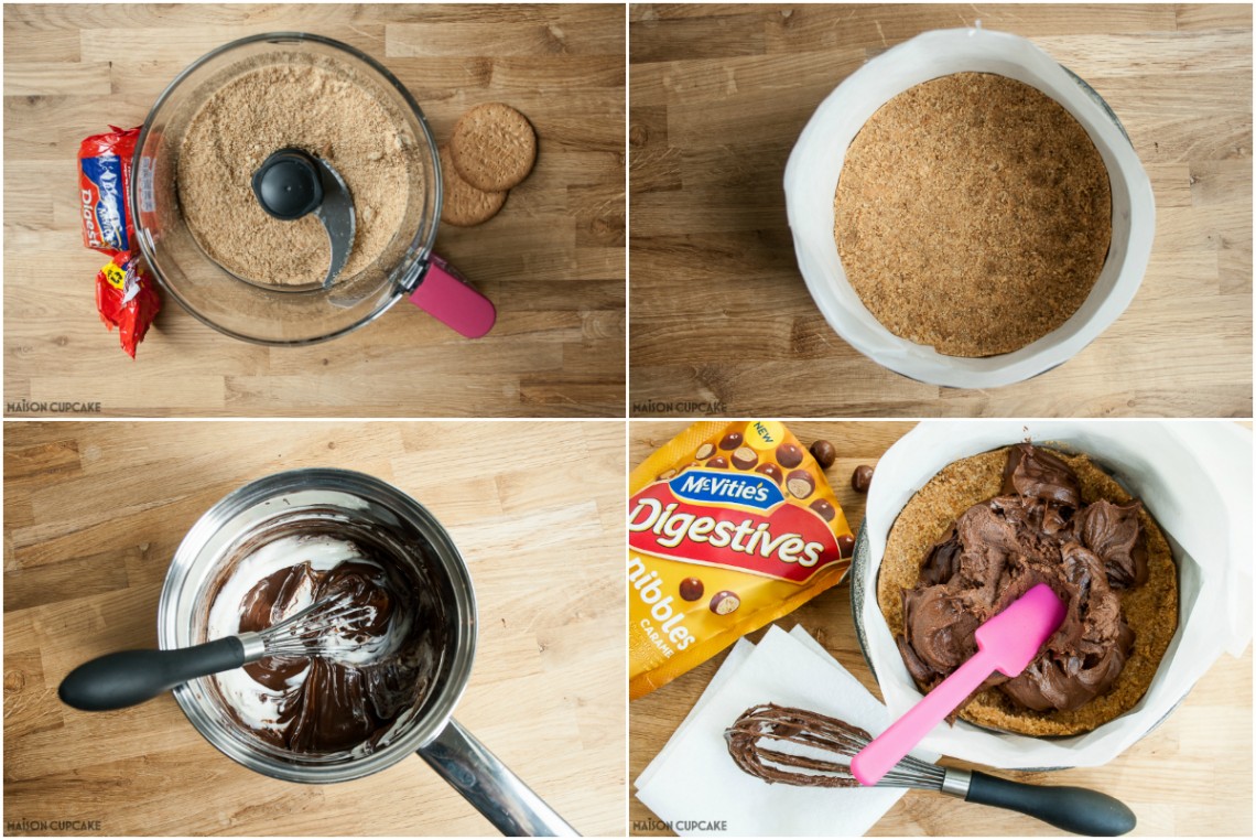 Step by step easy no bake five ingredient chocolate quark cheesecake recipe with McVities Digestives Nibbles #McVitiesNibbles #Ad