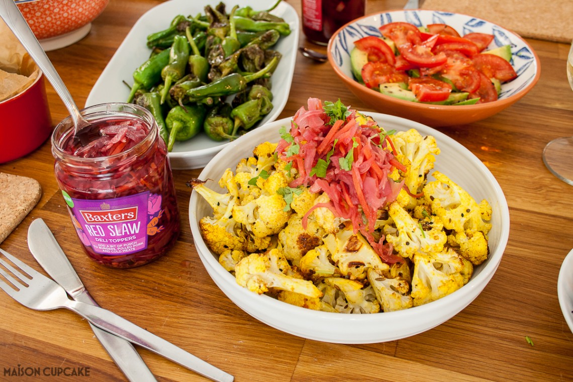 Spicy roasted cauliflower florets with Red Slaw topping