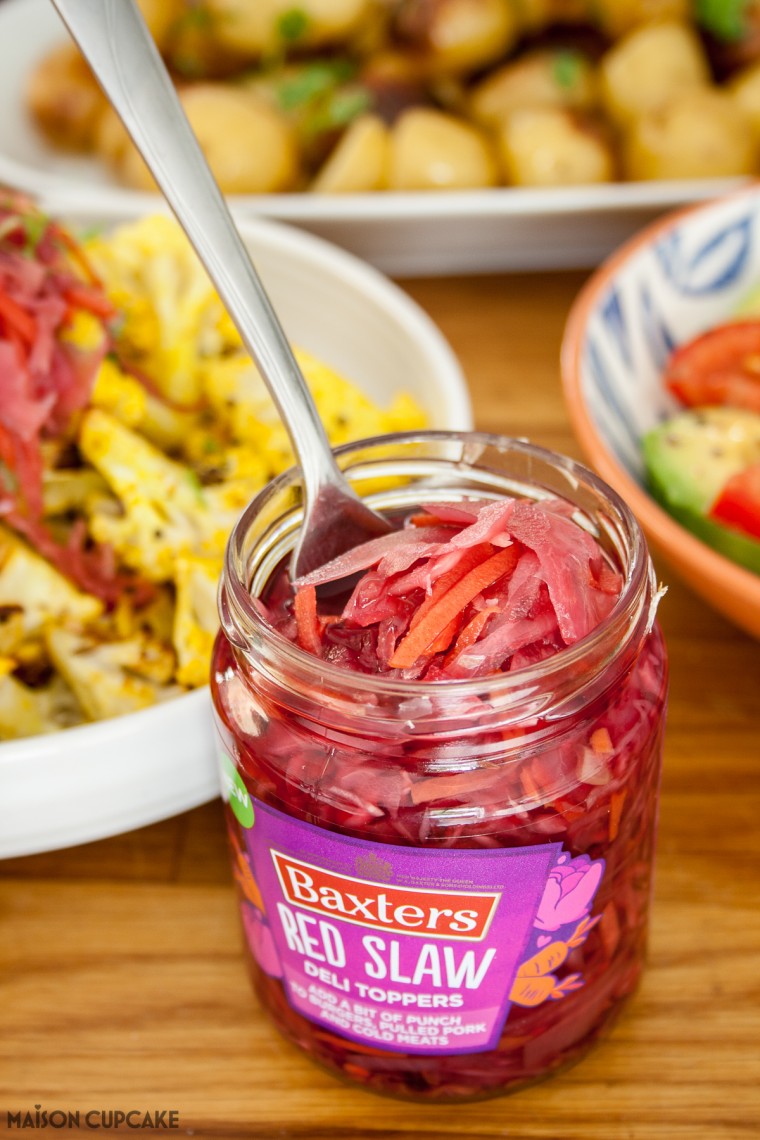 Spicy roasted cauliflower florets with Red Slaw topping