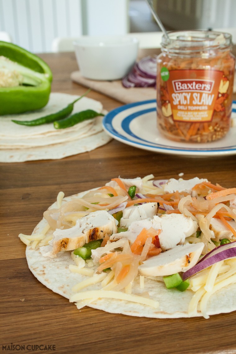Quick and easy quesadillas stuffed with chicken and spicy slaw - veggie black bean option too