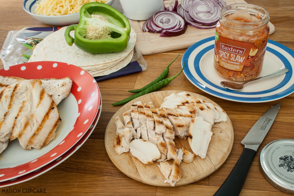 Quick and easy quesadillas stuffed with chicken and spicy slaw - veggie black bean option too