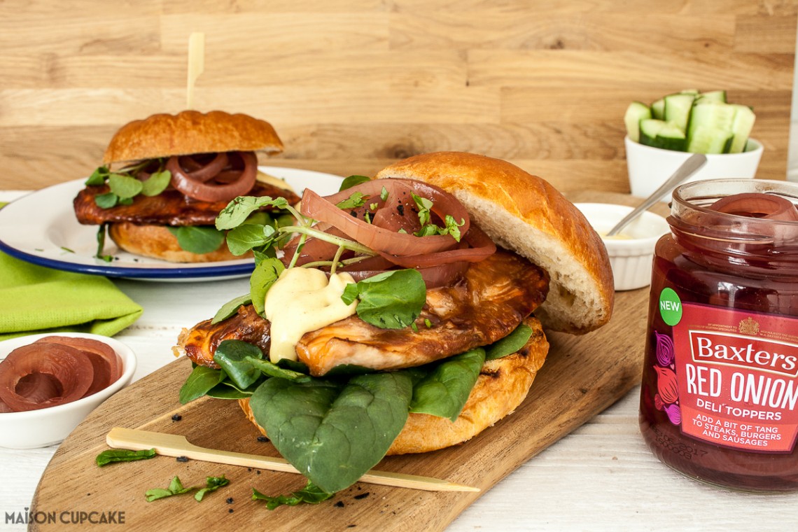 Sticky Salmon Burgers in Brioche Buns with Pickled Red Onion Rings