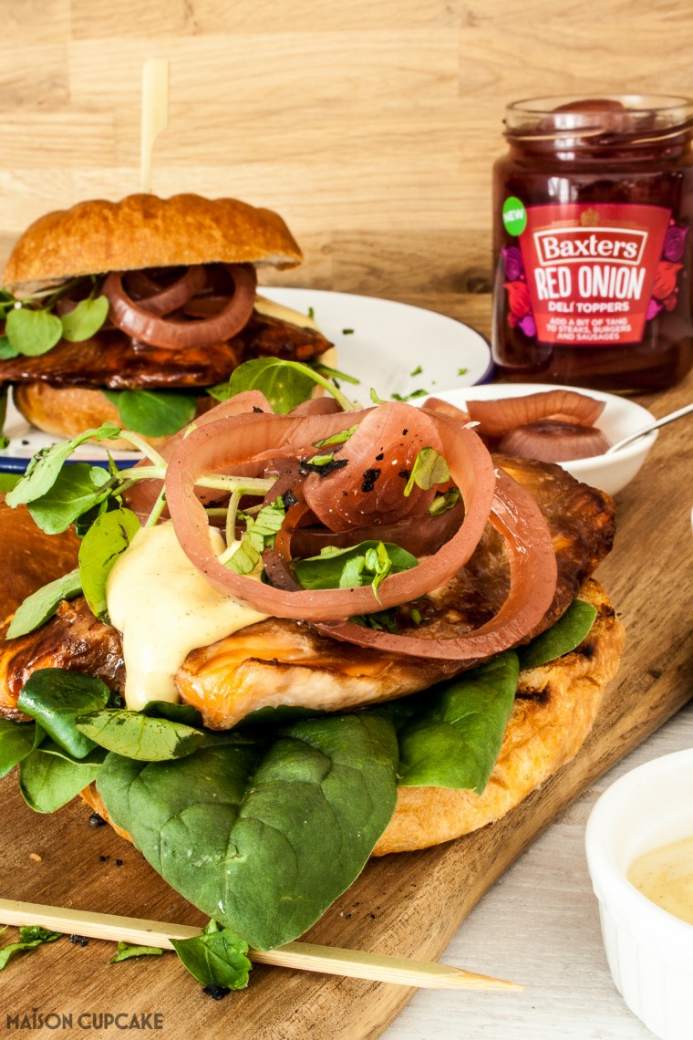 Sticky Salmon Burgers in Brioche Buns with Pickled Red Onion Rings