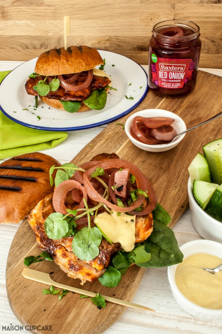 Sticky Salmon Burgers in Brioche Buns with Pickled Red Onion Rings