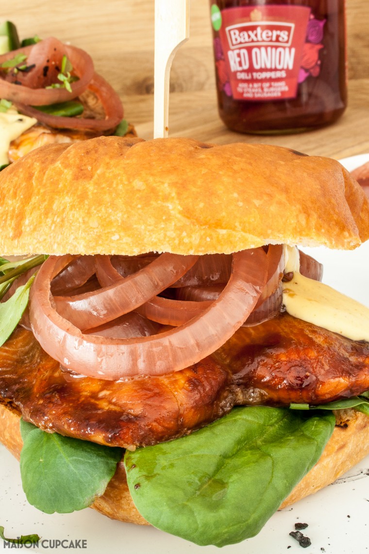 Sticky Salmon Burgers in Brioche Buns with Pickled Red Onion Rings