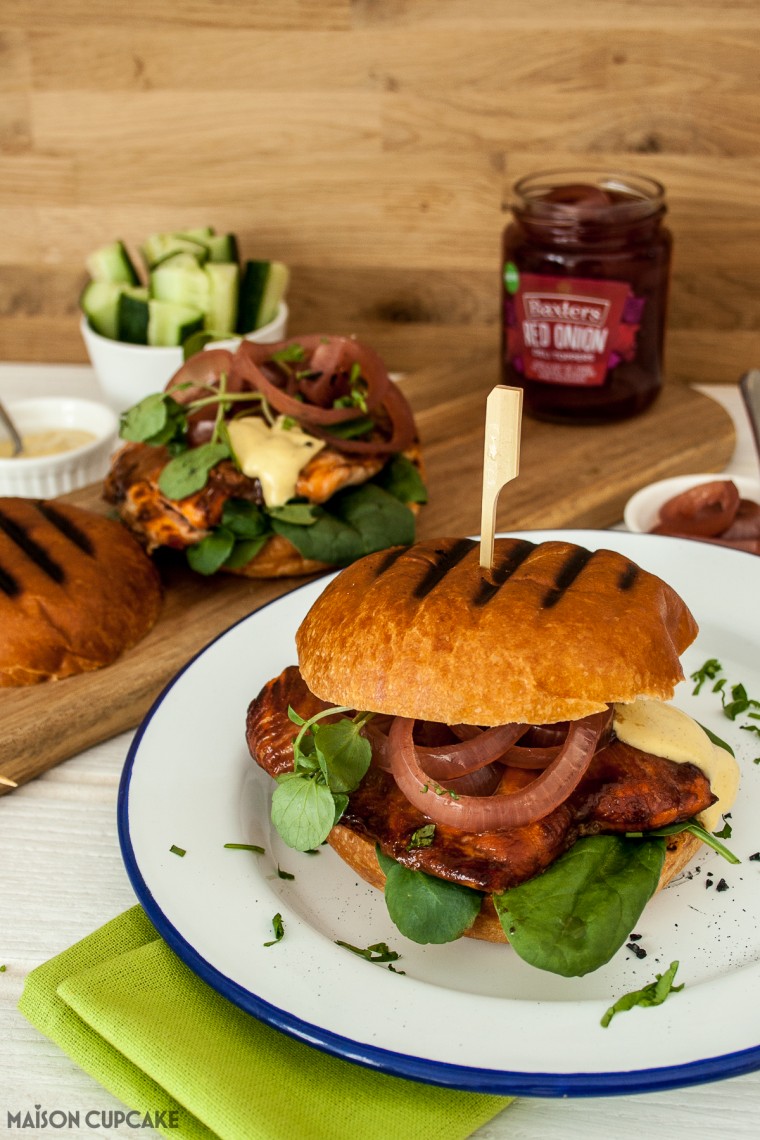 Sticky Salmon Burgers in Brioche Buns with Pickled Red Onion Rings